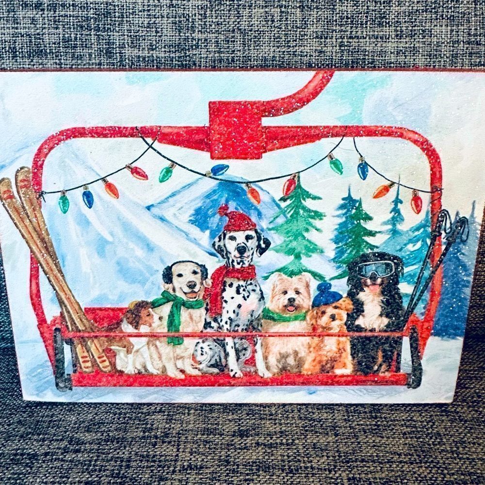 Winter Ski Dogs Holiday Glitter Decor Sign